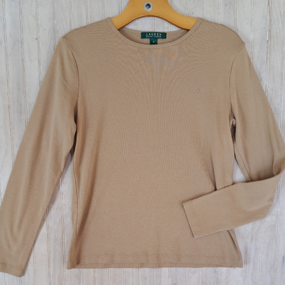 Lauren Ralph Lauren Tan Beige Long Sleeve Stretch Cotton Basic Classy Top